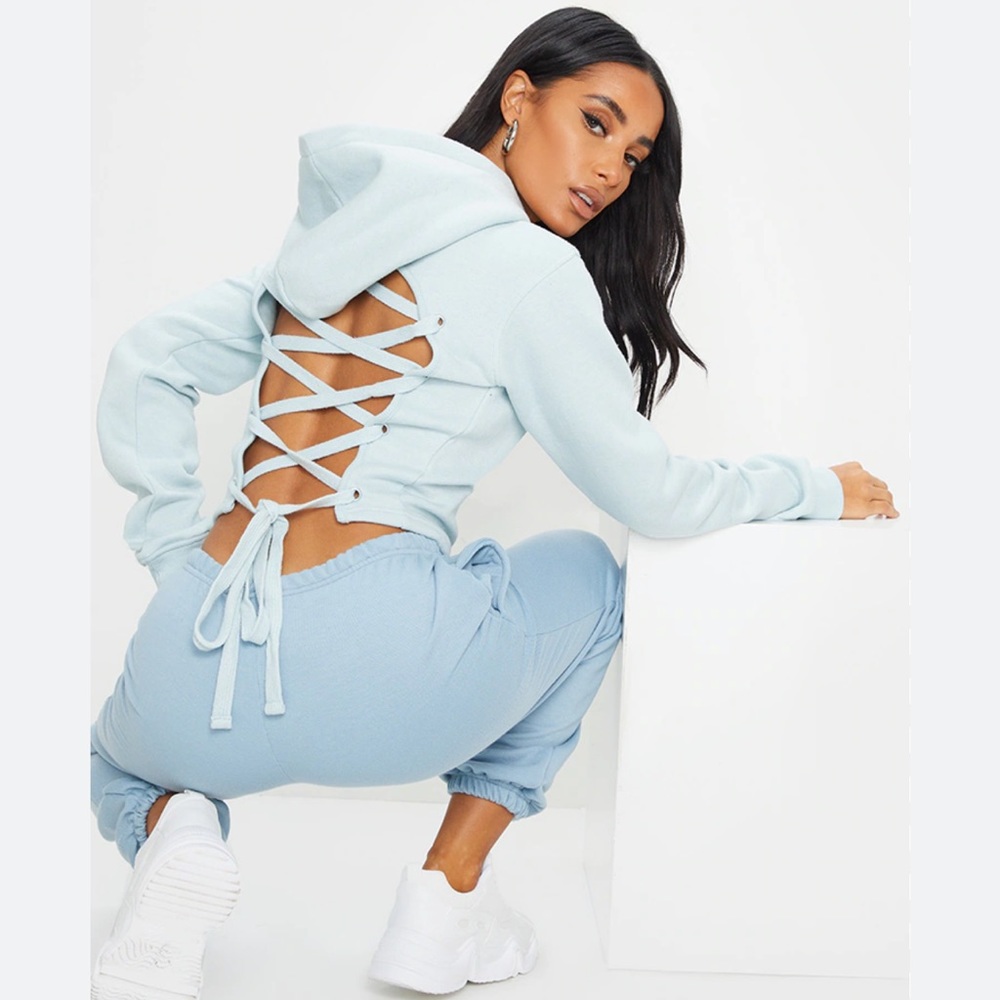 Baby blue lace up back crop hoodie (size M)